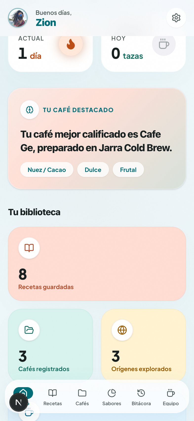 BeanGeek dashboard — today's brew, streak and extraction stats